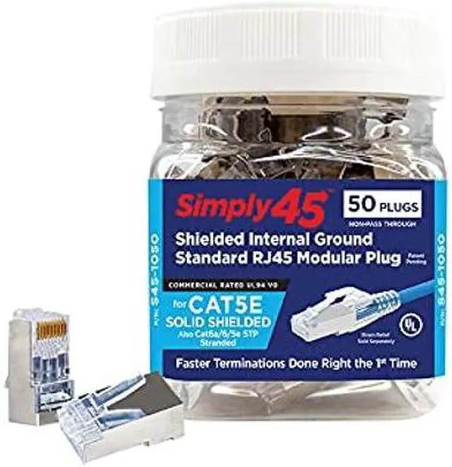 Main image of Simply45 Standard Shielded (Internal Ground) RJ45 Modular Plugs for Cat5e STP and 8-24AWG Cat5e/6/6a STP Stranded - Blue Tint, 3 Prong Pin Design - 50-Pieces - S45-1050