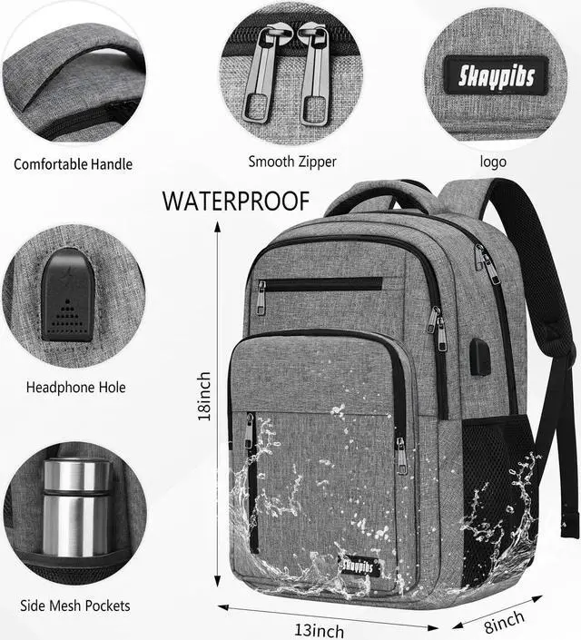 Alt view image 4 of 5 - Skaypibs Backpack for Women Men, School Backpack for Boys Girls Teens, Work Computer BookBag, 15.6 inch Laptop Water Resistant Anti Theft Backpack Gifts for men women, Grey