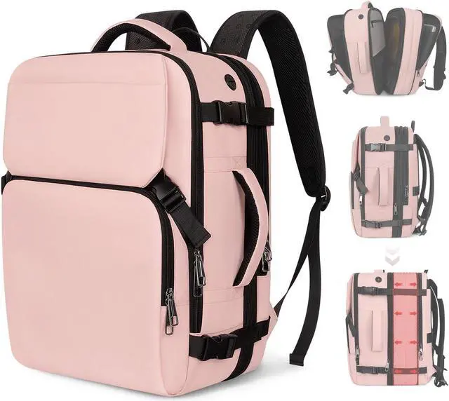 Main image of Snoffic Travel Backpack Carry On Flight Approved, Lightweight Large Travel Backpack, Expandable with USB Charging Hole, Waterproof Causal Bookbag for Travel Work College Fits 17inch Laptop, Pink