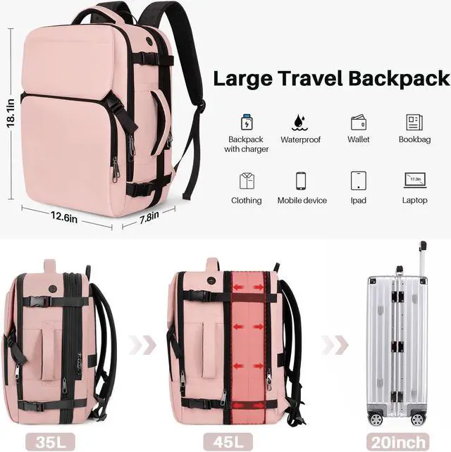 Alt view image 3 of 5 - Snoffic Travel Backpack Carry On Flight Approved, Lightweight Large Travel Backpack, Expandable with USB Charging Hole, Waterproof Causal Bookbag for Travel Work College Fits 17inch Laptop, Pink