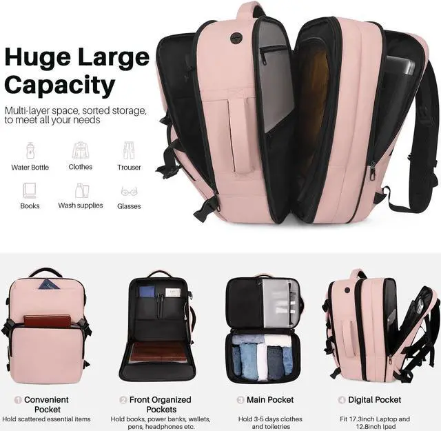 Alt view image 4 of 5 - Snoffic Travel Backpack Carry On Flight Approved, Lightweight Large Travel Backpack, Expandable with USB Charging Hole, Waterproof Causal Bookbag for Travel Work College Fits 17inch Laptop, Pink