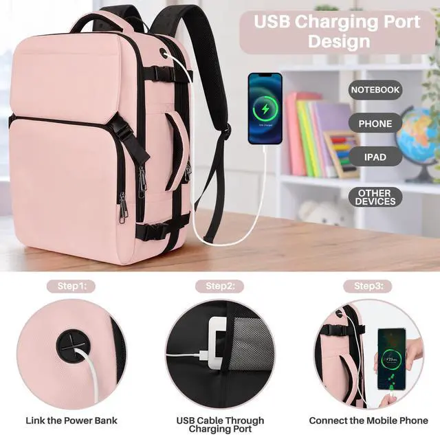 Alt view image 5 of 5 - Snoffic Travel Backpack Carry On Flight Approved, Lightweight Large Travel Backpack, Expandable with USB Charging Hole, Waterproof Causal Bookbag for Travel Work College Fits 17inch Laptop, Pink