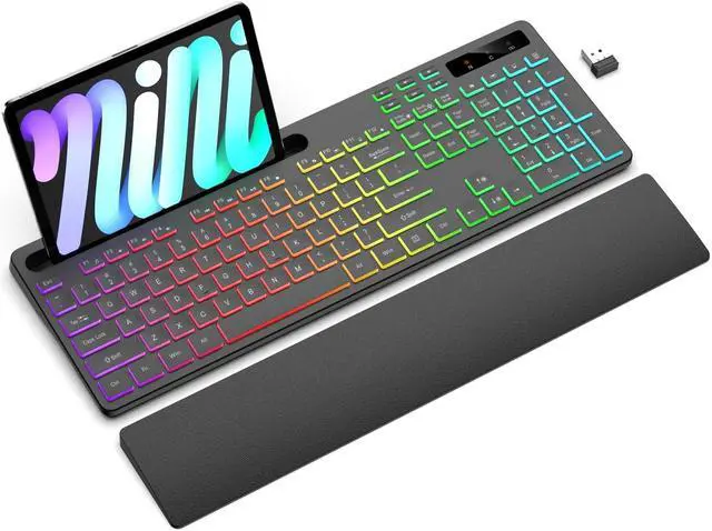 Main image of Soueto Wireless Keyboard with 7 Colors & 4 Modes RGB Backlit, Ergonomic Keyboard with Wrist Rest, Phone Tablet Holder, 2.4G Light Up Computer Keyboard with Numeric Keypad for Mac, Windows