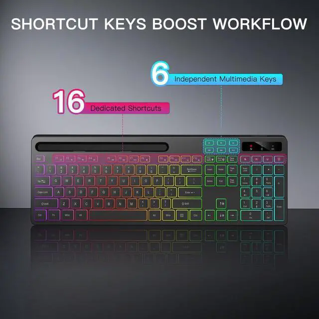 Alt view image 3 of 5 - Soueto Wireless Keyboard with 7 Colors & 4 Modes RGB Backlit, Ergonomic Keyboard with Wrist Rest, Phone Tablet Holder, 2.4G Light Up Computer Keyboard with Numeric Keypad for Mac, Windows