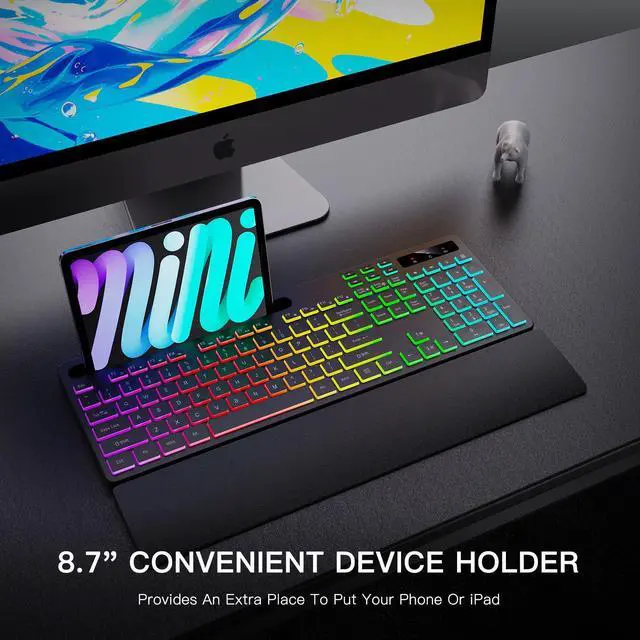 Alt view image 2 of 5 - Soueto Wireless Keyboard with 7 Colors & 4 Modes RGB Backlit, Ergonomic Keyboard with Wrist Rest, Phone Tablet Holder, 2.4G Light Up Computer Keyboard with Numeric Keypad for Mac, Windows