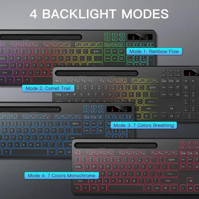 Alt view image 4 of 5 - Soueto Wireless Keyboard with 7 Colors & 4 Modes RGB Backlit, Ergonomic Keyboard with Wrist Rest, Phone Tablet Holder, 2.4G Light Up Computer Keyboard with Numeric Keypad for Mac, Windows