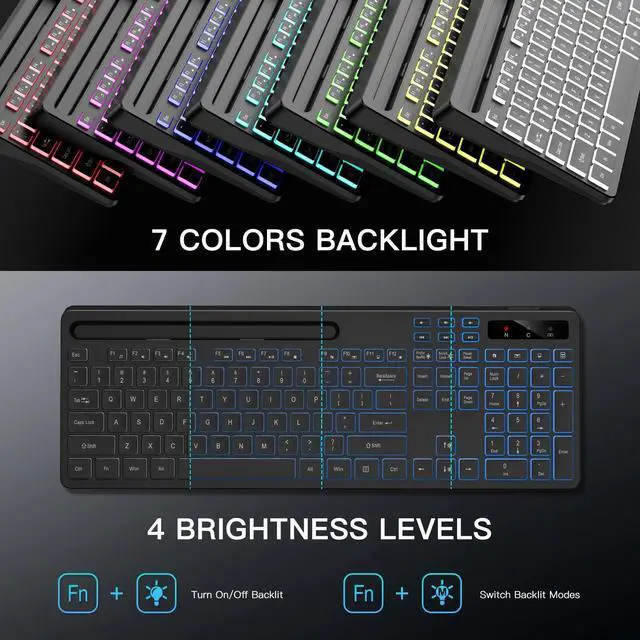 Alt view image 5 of 5 - Soueto Wireless Keyboard with 7 Colors & 4 Modes RGB Backlit, Ergonomic Keyboard with Wrist Rest, Phone Tablet Holder, 2.4G Light Up Computer Keyboard with Numeric Keypad for Mac, Windows