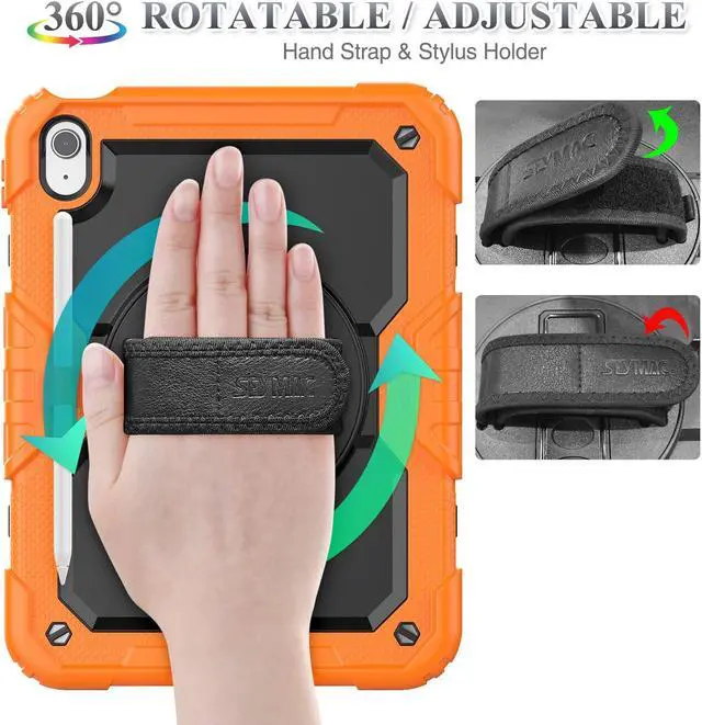 Alt view image 2 of 5 - SEYMAC stock Case for iPad (A16) 11th/10th Generation 11''/10.9'' 2025/2022, Full-Body Drop Protection Case with Screen Protector &360deg Rotate Hand Strap/Stand, Black+Orange