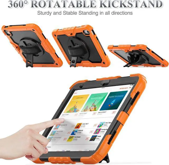 Alt view image 3 of 5 - SEYMAC stock Case for iPad (A16) 11th/10th Generation 11''/10.9'' 2025/2022, Full-Body Drop Protection Case with Screen Protector &360deg Rotate Hand Strap/Stand, Black+Orange