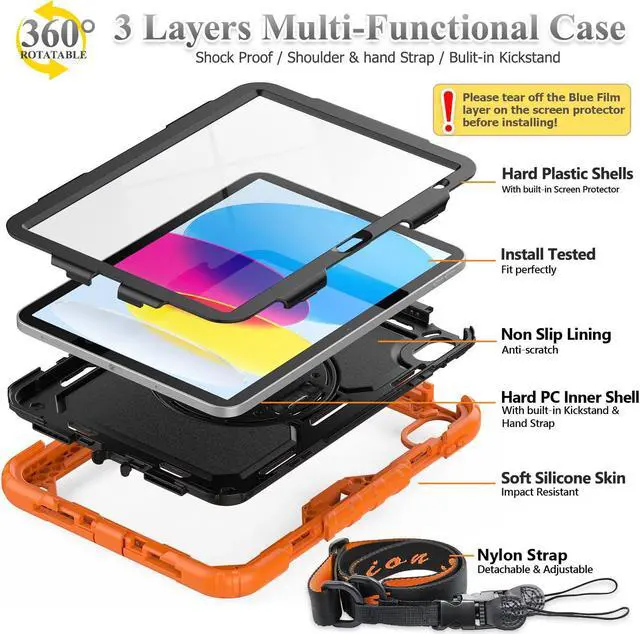 Alt view image 5 of 5 - SEYMAC stock Case for iPad (A16) 11th/10th Generation 11''/10.9'' 2025/2022, Full-Body Drop Protection Case with Screen Protector &360deg Rotate Hand Strap/Stand, Black+Orange