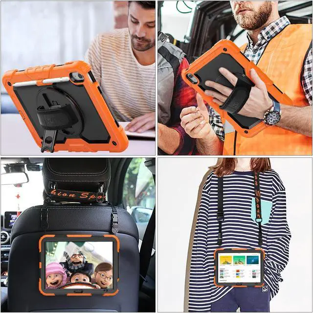 Alt view image 4 of 5 - SEYMAC stock Case for iPad (A16) 11th/10th Generation 11''/10.9'' 2025/2022, Full-Body Drop Protection Case with Screen Protector &360deg Rotate Hand Strap/Stand, Black+Orange