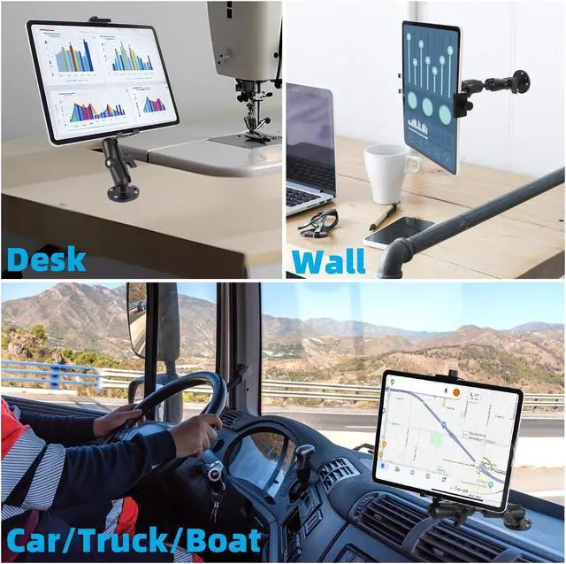 Alt view image 2 of 5 - All-Aluminum Heavy Duty Drill Base Tablet Holder Mount for 4.7"-15" iPad Pro,Mini,Samsung Galaxy Tab, Surface, 360degAdjustable 2-Stage Arm Car Stand for Truck Dashboard Wall Desk Commercial Vehicle