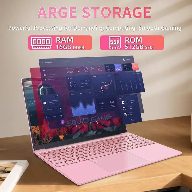 Alt view image 4 of 5 - ZWYING 15.6" Rose Gold Laptop, FHD IPS, Celeron N5095,16G DDR4 RAM 512G SSD, Pre-Installed Win 11 Pro/Office 2019 with Backlit Keyboard/Fingerprint Sensor/USB 3.0/Mini HDMI (16G+512G)