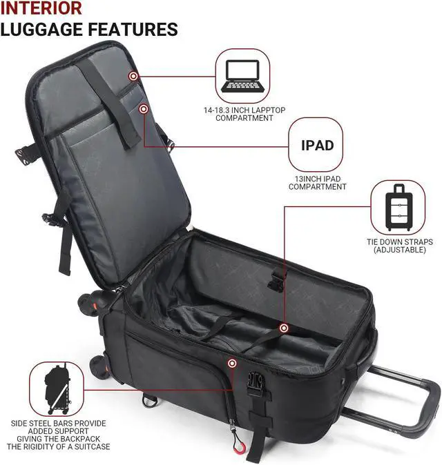 Alt view image 3 of 5 - Rolling Backpack with Wheels  Airline Approved Underseat Carry-On Luggage 18x14x8, Water-Resistant Personal Item Bag with 2 Extra Replacement Wheels, Fits 15.6 Inch Laptop, Travel Backpack for Men