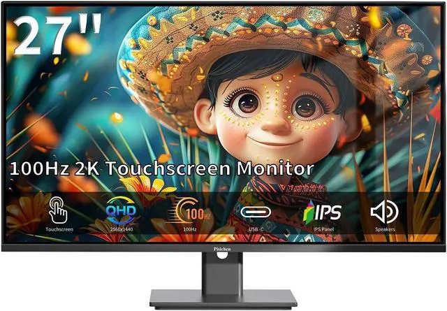Main image of Pisichen Touchscreen Monitor 27 Inch 2K 100Hz Gaming Monitor, QHD 2560x1440 IPS PC Monitor, 10-Point Multi Touch Screen Computer Monitor, USBC HDMI VGA Ports, Built-in Speakers