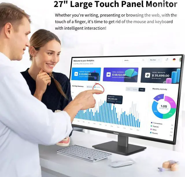 Alt view image 2 of 5 - Pisichen Touchscreen Monitor 27 Inch 2K 100Hz Gaming Monitor, QHD 2560x1440 IPS PC Monitor, 10-Point Multi Touch Screen Computer Monitor, USBC HDMI VGA Ports, Built-in Speakers