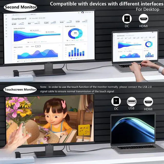 Alt view image 5 of 5 - Pisichen Touchscreen Monitor 27 Inch 2K 100Hz Gaming Monitor, QHD 2560x1440 IPS PC Monitor, 10-Point Multi Touch Screen Computer Monitor, USBC HDMI VGA Ports, Built-in Speakers