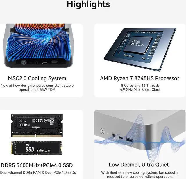Alt view image 5 of 5 - Beelink SER8 Gaming Mini PC, Ryzen 7 8745HS (up to 4.9GHz) Mini Computer, 24GB DDR5 5600MHz & 1TB PCle4.0 x 4 SSD, AMD Radeon 780M, Supports 4K Triple Displays, USB4, 2.5G LAN