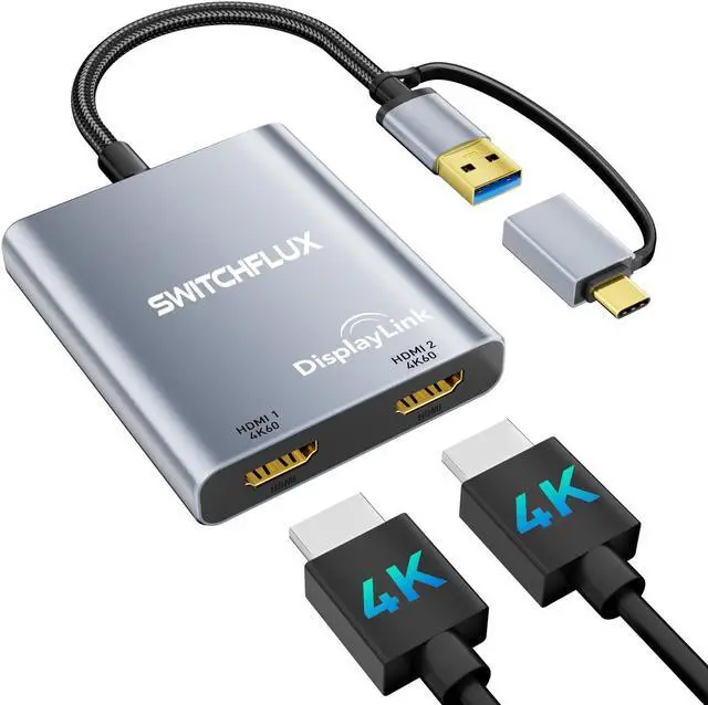 Main image of SWITCHFLUX USB C to Dual HDMI Adapter |4k@60Hz| for Mac M1/M2/M3,Displaylink(DL6950) HDMI Spilitter Extended Display for Dual Monitors Compatible with Windows, MacBook Pro/Air,Driver Required