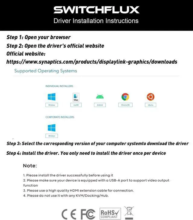Alt view image 2 of 5 - SWITCHFLUX USB C to Dual HDMI Adapter |4k@60Hz| for Mac M1/M2/M3,Displaylink(DL6950) HDMI Spilitter Extended Display for Dual Monitors Compatible with Windows, MacBook Pro/Air,Driver Required