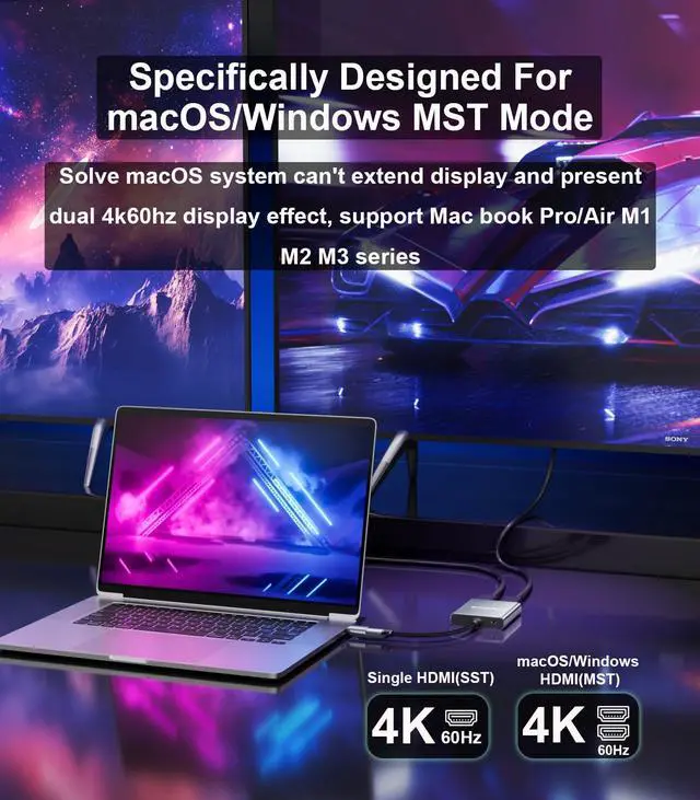 Alt view image 3 of 5 - SWITCHFLUX USB C to Dual HDMI Adapter |4k@60Hz| for Mac M1/M2/M3,Displaylink(DL6950) HDMI Spilitter Extended Display for Dual Monitors Compatible with Windows, MacBook Pro/Air,Driver Required