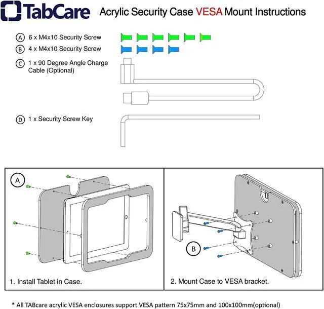Alt view image 4 of 4 - TABcare Anti-Theft Acrylic VESA Enclosure for Apple iPad Air 9.7" 1st & 2nd gen. with Free Wall Mount Kit & 90-Degree Angle Charge Cable (iPad Air 1/2 9.7", Black)