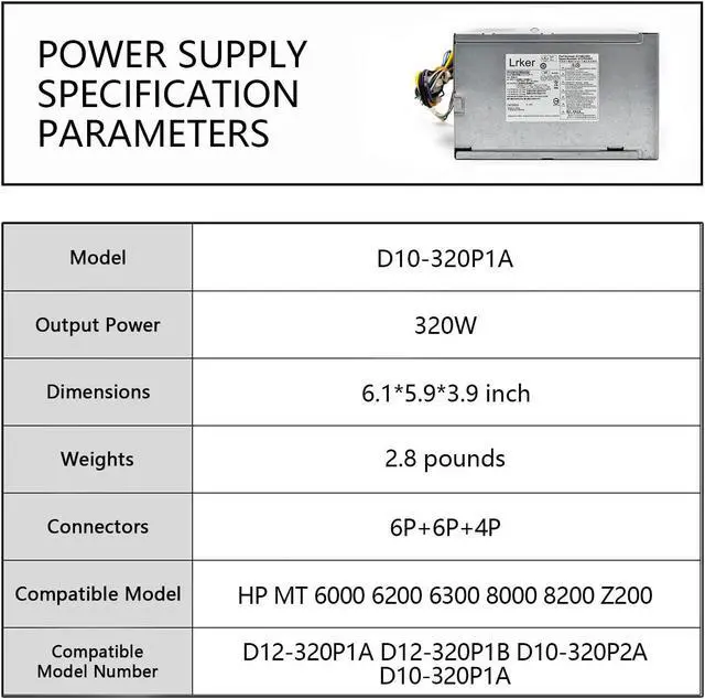 Alt view image 2 of 5 - D10-320P2A 320W Power Supply Compatible with HP MT 6000 6200 6300 8000 8200 Z200 CFH-0320EWWA DPS-320NB, P/N: 611484-001 613764-001 613765-001 503377-001