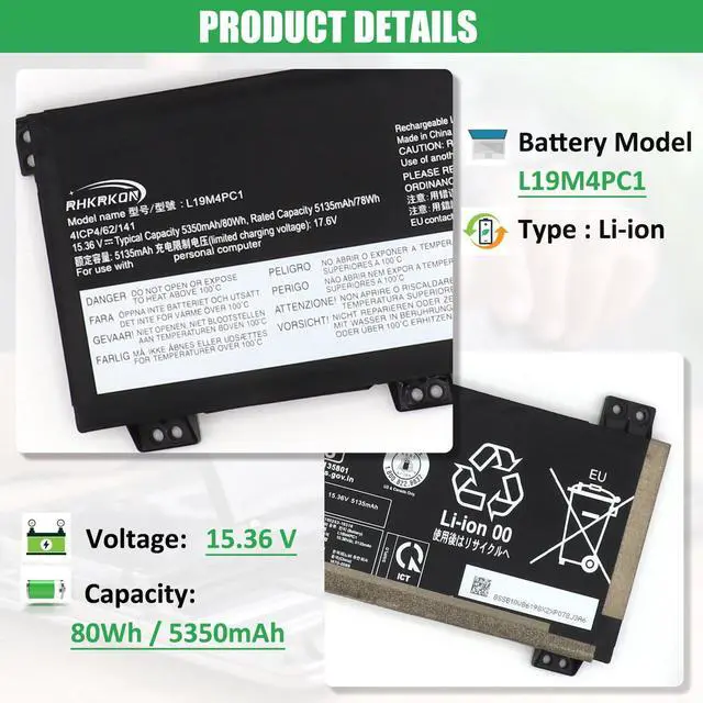 Alt view image 2 of 5 - RHKRKQN L19M4PC1 L19C4PC1 Laptop Battery Replacement for Lenovo Legion 5P-15IMH05 Legion 5-15IMH05 5-15ARH05 Series SB10W86193 SB10W86198 5B10W86192 5B10W86188 5B10W86194 15.36V 80Wh 5335mAh