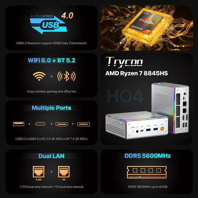 Alt view image 5 of 5 - Trycoo Mini PC AMD Ryzen 7 8845HS 32GB(Dual Channel) DDR5 512GB PCIe4.0 SSD AMD Radeon 660M Mini Computers Support Four Screen Display WiFi6 BT5.2 Type-C USB4.0 2.5G Mini Desktop Computers