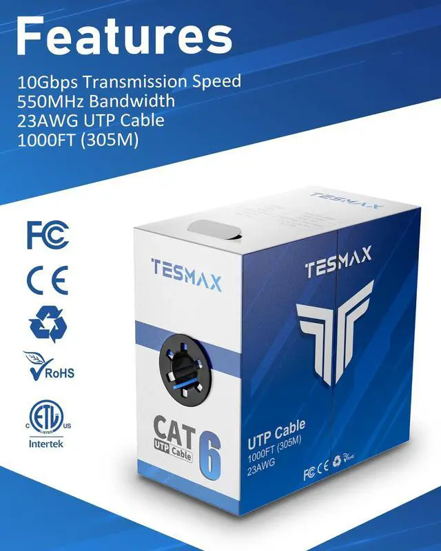Alt view image 2 of 5 - Tesmax Cat 6 Ethernet Cable 1000ft (305M), 23AWG 10Gbps 550Mhz High Speed Riser (CMR) UTP Cable with Reduce Crosstalk Separator, Heavy Duty ETL LAN Cable (Blue)