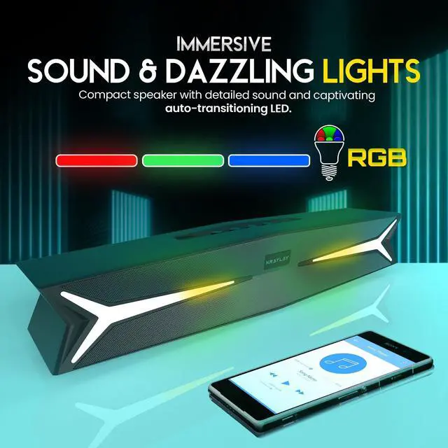 Alt view image 2 of 5 - Kraylay Desktop Soundbar for Computer 15.5 Inches | Bluetooth Soundbar with RGB LED Lights | Clear Bass | AUX, USB, USB-C | Soundbar for Projectors, TVs, Smartphones, Gaming Consoles, & Laptop