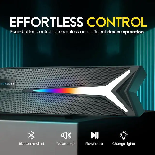 Alt view image 3 of 5 - Kraylay Desktop Soundbar for Computer 15.5 Inches | Bluetooth Soundbar with RGB LED Lights | Clear Bass | AUX, USB, USB-C | Soundbar for Projectors, TVs, Smartphones, Gaming Consoles, & Laptop