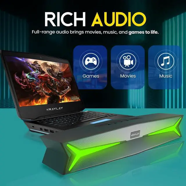 Alt view image 4 of 5 - Kraylay Desktop Soundbar for Computer 15.5 Inches | Bluetooth Soundbar with RGB LED Lights | Clear Bass | AUX, USB, USB-C | Soundbar for Projectors, TVs, Smartphones, Gaming Consoles, & Laptop