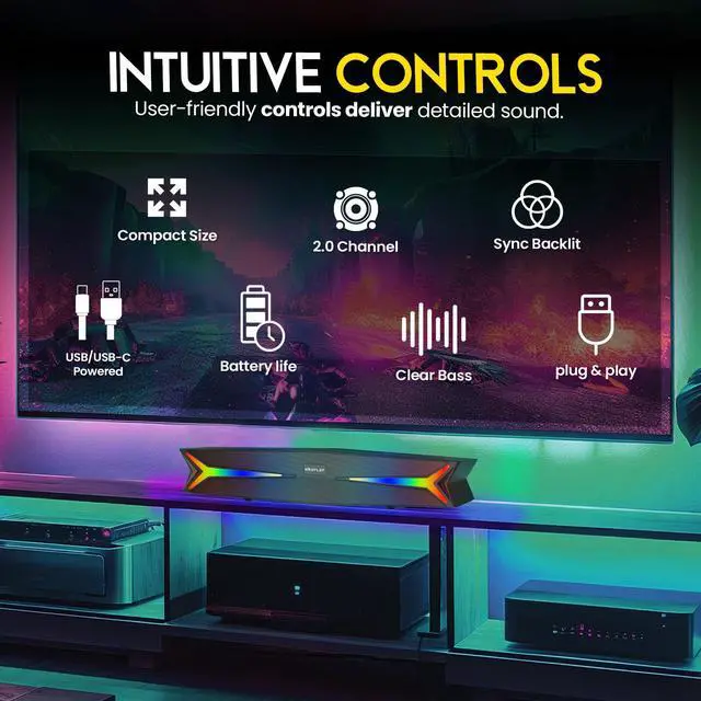 Alt view image 5 of 5 - Kraylay Desktop Soundbar for Computer 15.5 Inches | Bluetooth Soundbar with RGB LED Lights | Clear Bass | AUX, USB, USB-C | Soundbar for Projectors, TVs, Smartphones, Gaming Consoles, & Laptop
