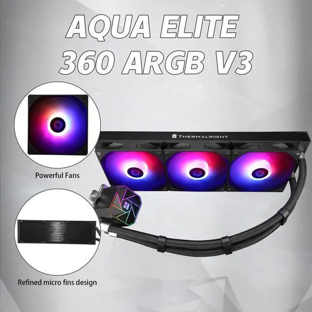 Alt view image 3 of 5 - Thermalrlght Aqua Elite 360 V3 Aio CPU Cooler, 360 Liquid Cooling Row, ARGB PWM Cooler Fans, for Intel LGA1150/1151/1155/1156/1200/2011/1700, AMD: AM4/AM5, Aio PC Cooler