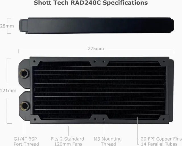Alt view image 2 of 4 - Shott Tech RAD240C Copper Water Cooling Radiator, 240mm, Slim Dual, Black