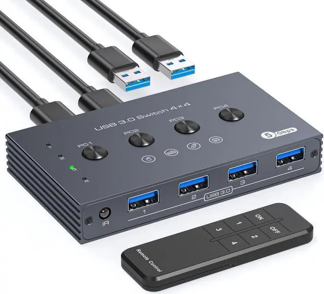 Main image of USB 3.0 Switch Selector 4 Computers Share 4 Port USB A Devices for Mouse Keyboard Printer Scanne with Wireless Remote Control and Cable Included