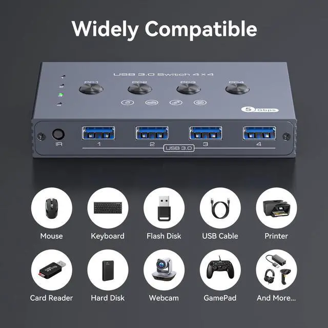 Alt view image 5 of 5 - USB 3.0 Switch Selector 4 Computers Share 4 Port USB A Devices for Mouse Keyboard Printer Scanne with Wireless Remote Control and Cable Included