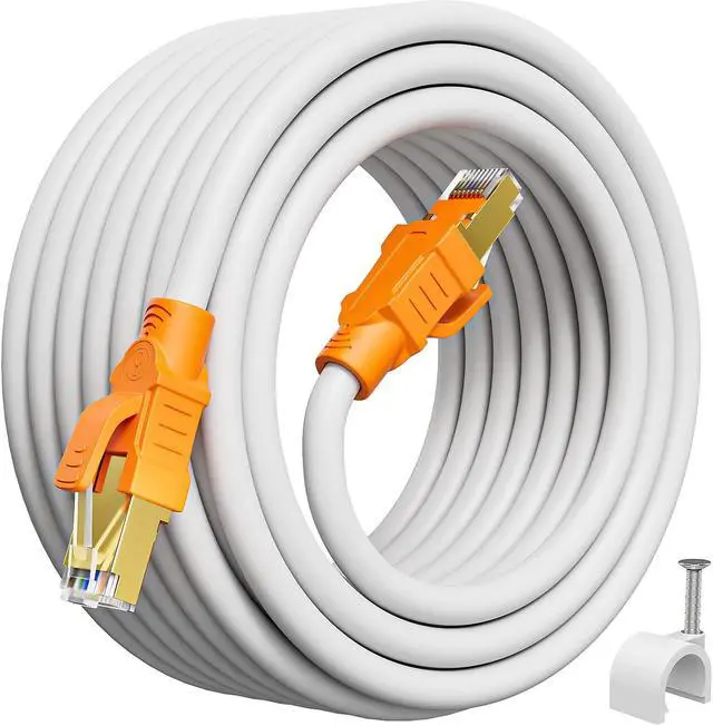 Main image of Cat 8 Ethernet Cable 50 ft Indoor&Outdoor, Heavy Duty High Speed Direct Burial 26AWG Network Cable, 40Gbps 2000Mhz RJ45 Shielded, Weatherproof Solid Copper LAN Cable for Modem/Gaming, 15 Clips-White