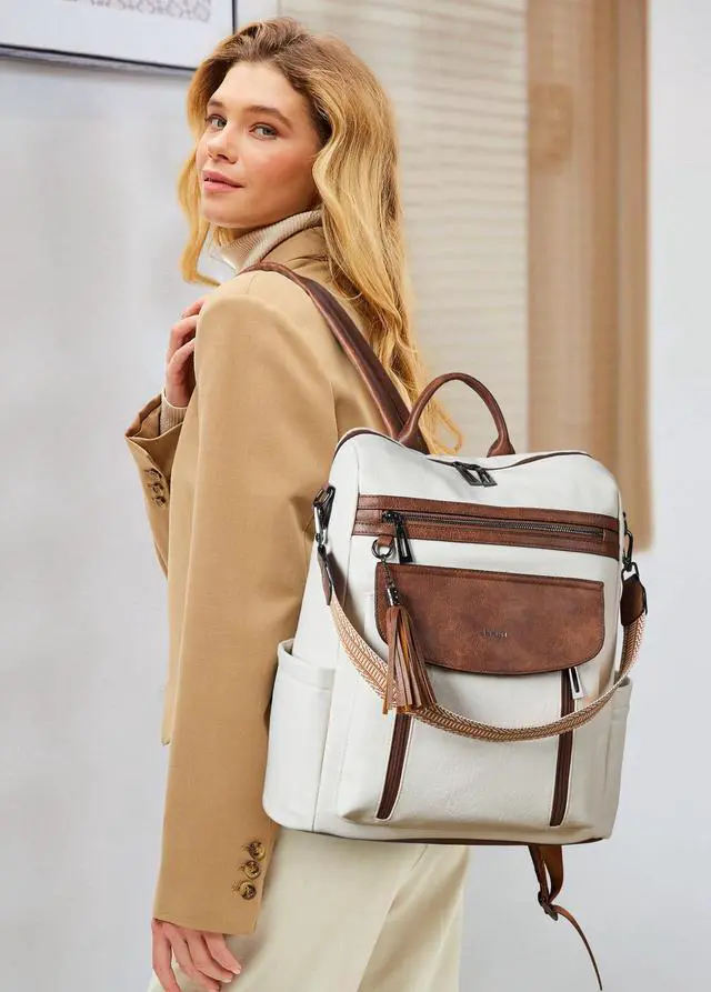 Alt view image 2 of 5 - Shrrie Laptop Backpack for Women 15.6 inch,Travel Leather Backpack Purse Nurse Teacher Carry on Backpack Computer Bag,Professional Water-Resistant College Business Work Casual Daypack,Beige with Brown