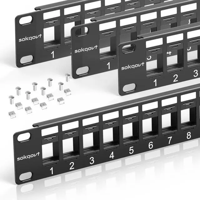 Main image of Sokqovt 24 Port Blank Keystone Patch Panel with Snap-in Design (4 Pack), Cat6 Network Patch Panel 1U 19 inch, Rack Mount Ethernet Patch Panel (for Slim Keystone Only)