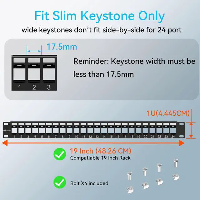 Alt view image 3 of 5 - Sokqovt 24 Port Blank Keystone Patch Panel with Snap-in Design (4 Pack), Cat6 Network Patch Panel 1U 19 inch, Rack Mount Ethernet Patch Panel (for Slim Keystone Only)