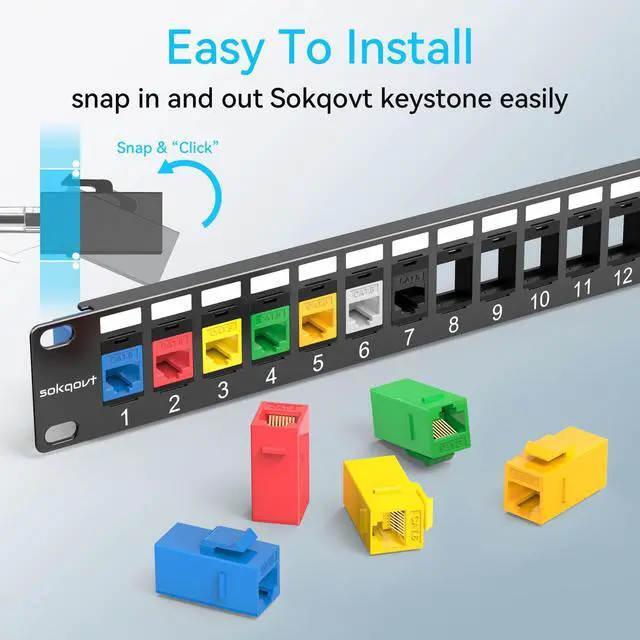 Alt view image 2 of 5 - Sokqovt 24 Port Blank Keystone Patch Panel with Snap-in Design (4 Pack), Cat6 Network Patch Panel 1U 19 inch, Rack Mount Ethernet Patch Panel (for Slim Keystone Only)