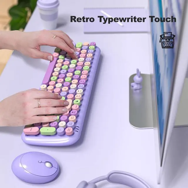 Alt view image 2 of 5 - SQMD Wireless Keyboard and Mouse, Typewriter Keyboard and Mouse Wireless Combo, 2.4GHz Wireless Retro Keyboard and Wireless Mouse for PC/Laptop/Desktop/Windows (Purple Colorful)