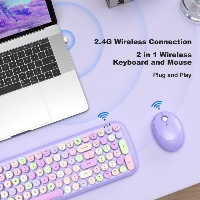 Alt view image 3 of 5 - SQMD Wireless Keyboard and Mouse, Typewriter Keyboard and Mouse Wireless Combo, 2.4GHz Wireless Retro Keyboard and Wireless Mouse for PC/Laptop/Desktop/Windows (Purple Colorful)
