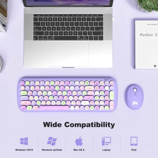 Alt view image 5 of 5 - SQMD Wireless Keyboard and Mouse, Typewriter Keyboard and Mouse Wireless Combo, 2.4GHz Wireless Retro Keyboard and Wireless Mouse for PC/Laptop/Desktop/Windows (Purple Colorful)