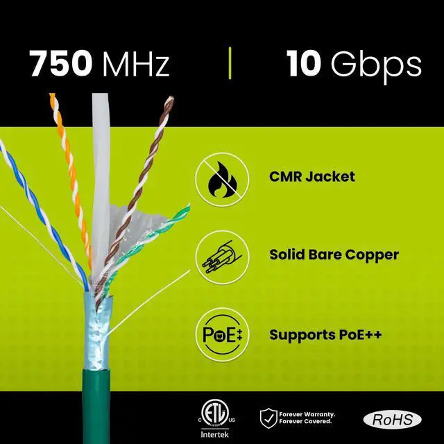 Alt view image 2 of 5 - trueCABLE Cat6A Shielded Riser (CMR), 1000ft, Green, 23AWG Solid Bare Copper, 750MHz, PoE++ (4PPoE), ETL Listed, Overall Aluminum Foil Shield (F/UTP), Bulk Ethernet Cable