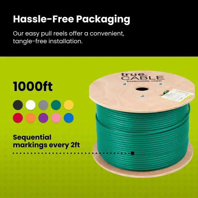 Alt view image 5 of 5 - trueCABLE Cat6A Shielded Riser (CMR), 1000ft, Green, 23AWG Solid Bare Copper, 750MHz, PoE++ (4PPoE), ETL Listed, Overall Aluminum Foil Shield (F/UTP), Bulk Ethernet Cable