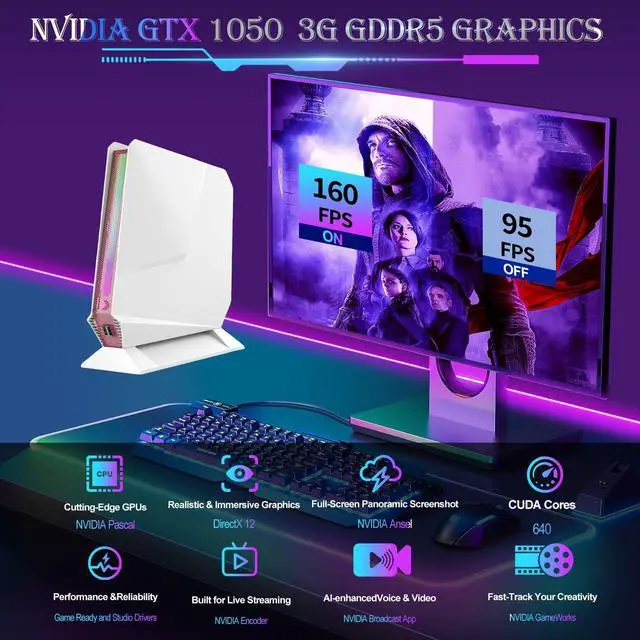 Alt view image 3 of 5 - Mini PC Core i7-8750H + GTX 1050 3GB Dual Graphics Mini Computers, 16GB DDR4 512GB PCIe NVMe SSD, Support RGB Lights, 4K Triple-Display, WiFi 6 BT 5.2, Micro PC Preinstalled Windows 11 Pro