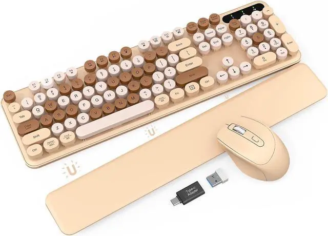 Main image of Wireless Keyboard and Mouse Combo - Cute Typewriter Keyboard with Detachable Wrist Rest, Retro Round Keycaps, Foldable Legs, 2.4GHz Full-Size Keyboard for PC, Laptop, Mac, Windows - Trueque (Latte)